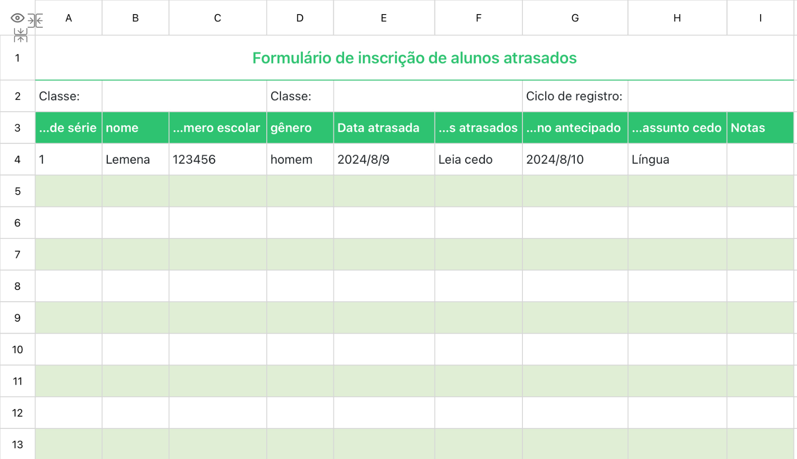 Formulário de inscrição de alunos atrasados